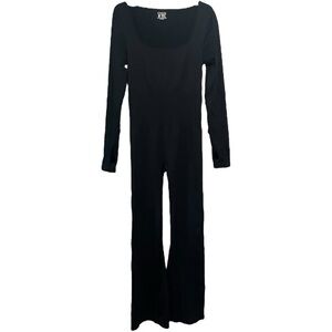 New OQQ Flare‎ Bell Bottoms Bodycon Long Sleeve Black Ribbed Jumpsuit Size XL